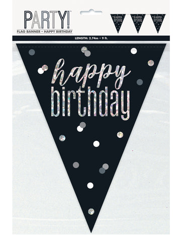 2,7m černá a šedá plastová girlanda k narozeninám se stříbrnými vlaječkami