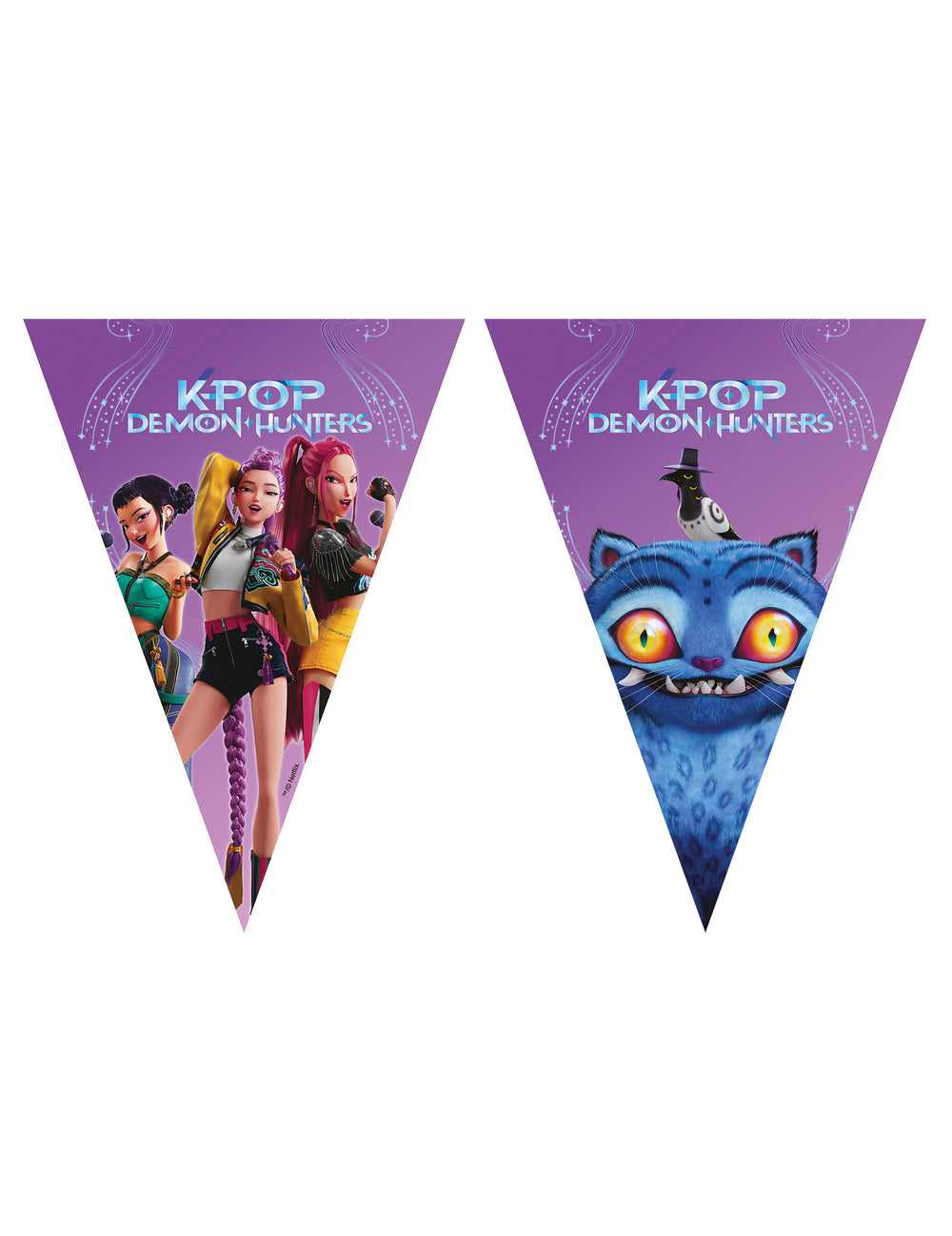Guirlande à fanions en papier K-pop Demon Hunters™ pour fête violette avec personnages et créature bleue