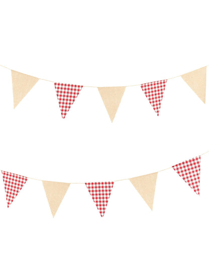 Guirlande fanions lin vichy rétro pour décoration rouge et beige