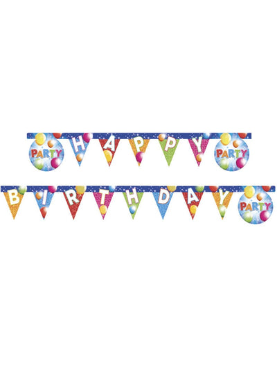 Guirlande de fanions Happy Birthday Fabulous Party pour anniversaire bleue avec ballons multicolores