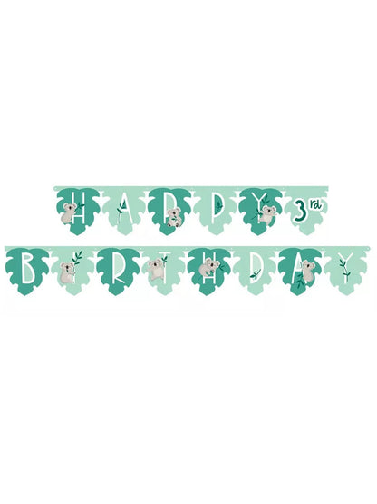 Guirlande en carton happy birthday koala pour anniversaire thème jungle verte en forme de feuilles