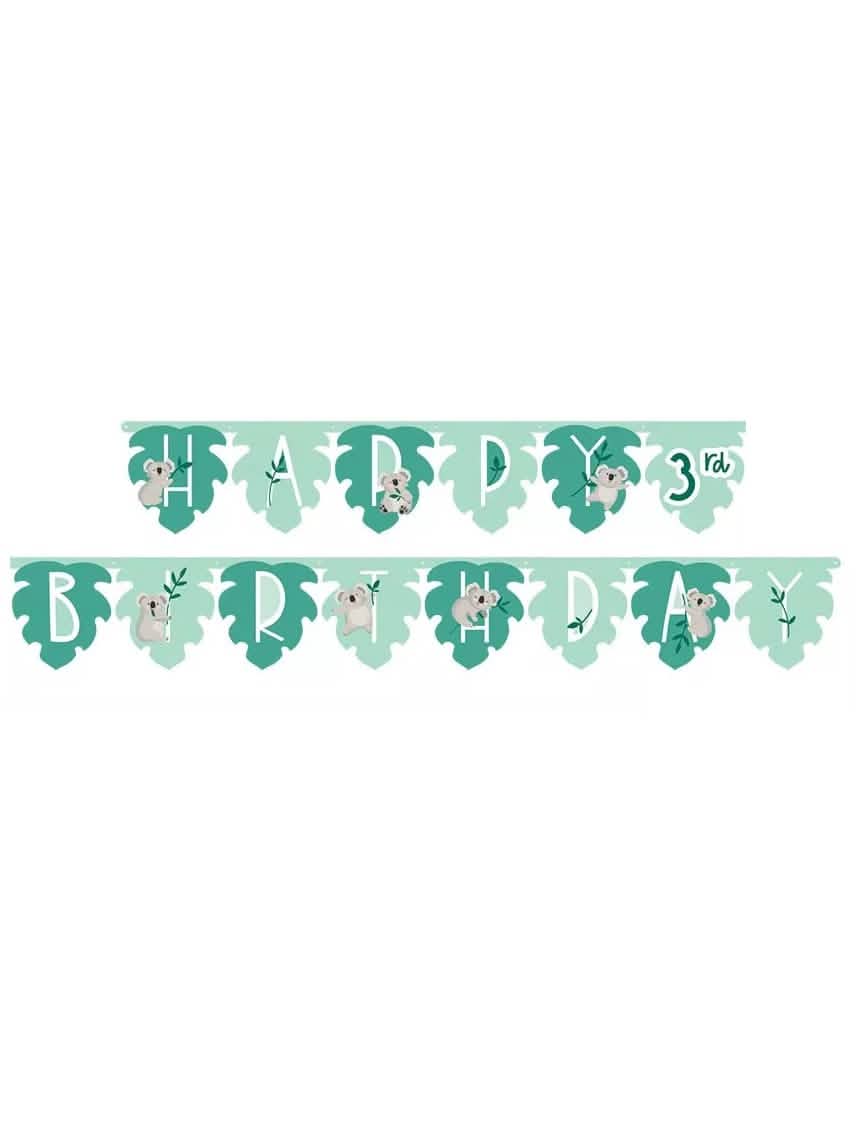 Guirlande en carton happy birthday koala pour anniversaire thème jungle verte en forme de feuilles