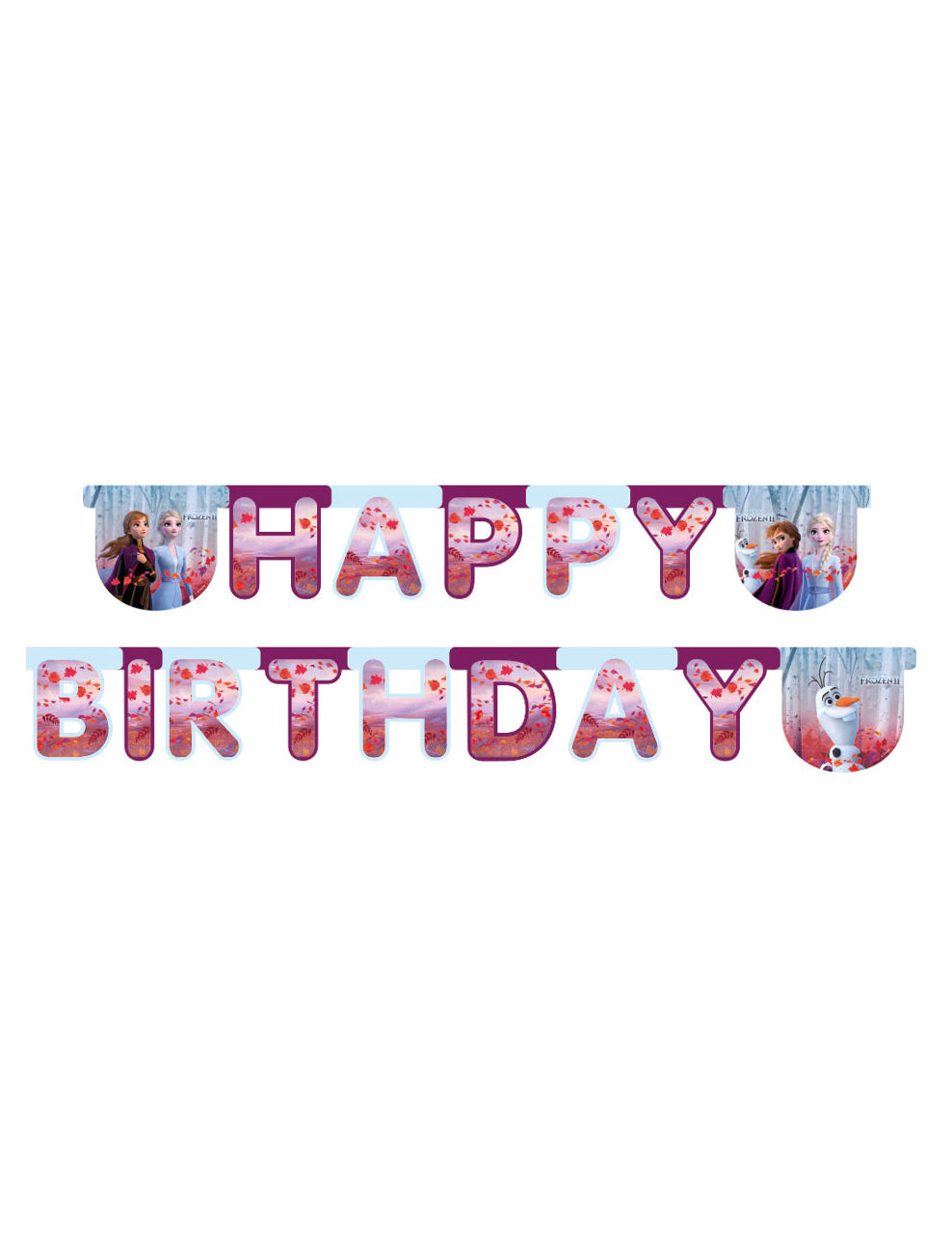 Guirlande happy birthday La Reine des Neiges 2 pour enfant bleue et violette avec Anna Elsa et Olaf
