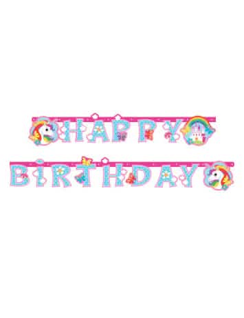 Girlanda Happy Birthday jednorožci růžová a modrá s duhovým obloukem