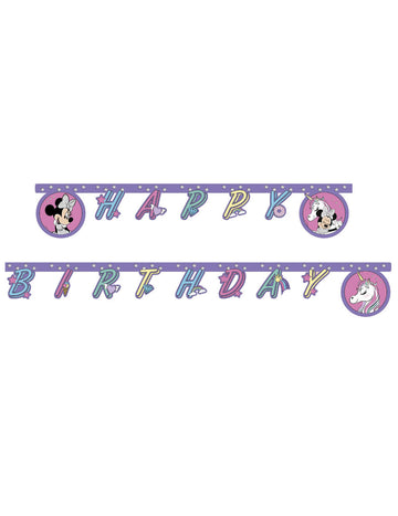 Guirlande Happy Birthday Minnie et la licorne pour enfant violette avec motifs étoiles