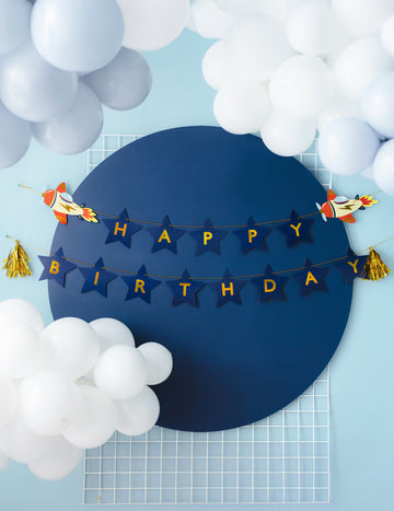 Všechno nejlepší k narozeninám girlanda malé letadlo 2,5 m modré a zlaté