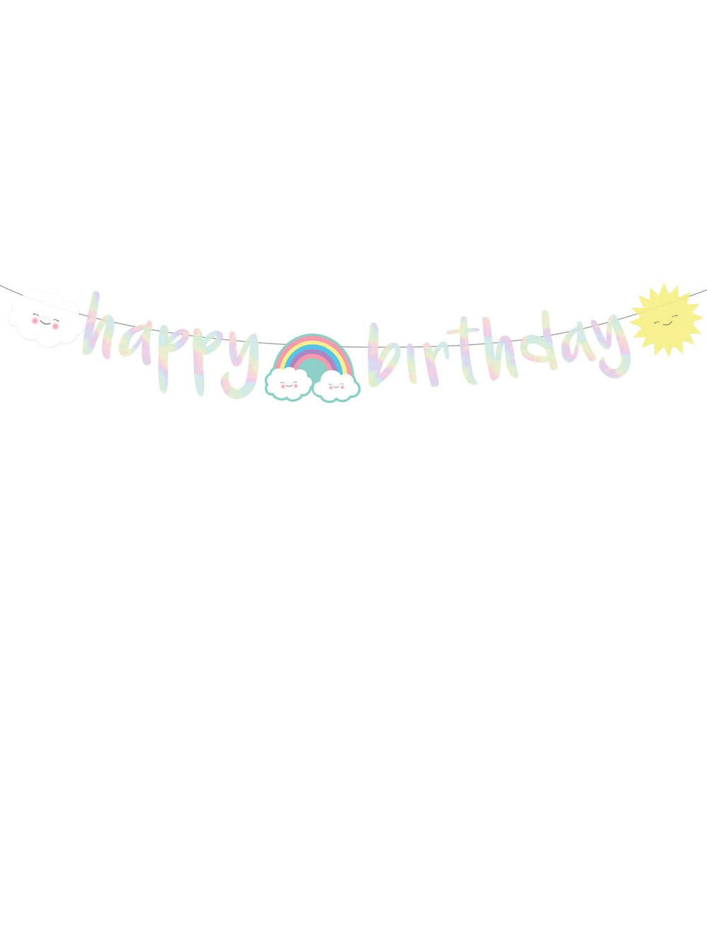 Přehled iridescentní kartonové girlandy happy birthday s obláčky