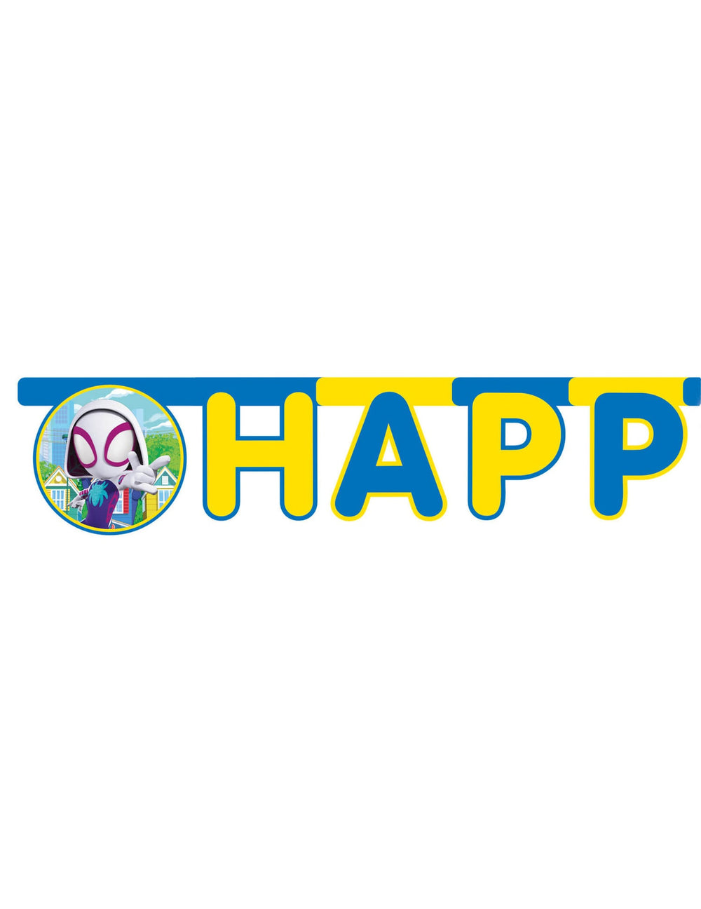Gros plan sur les lettres et Ghost-Spider de la guirlande Happy Birthday Spidey et ses amis
