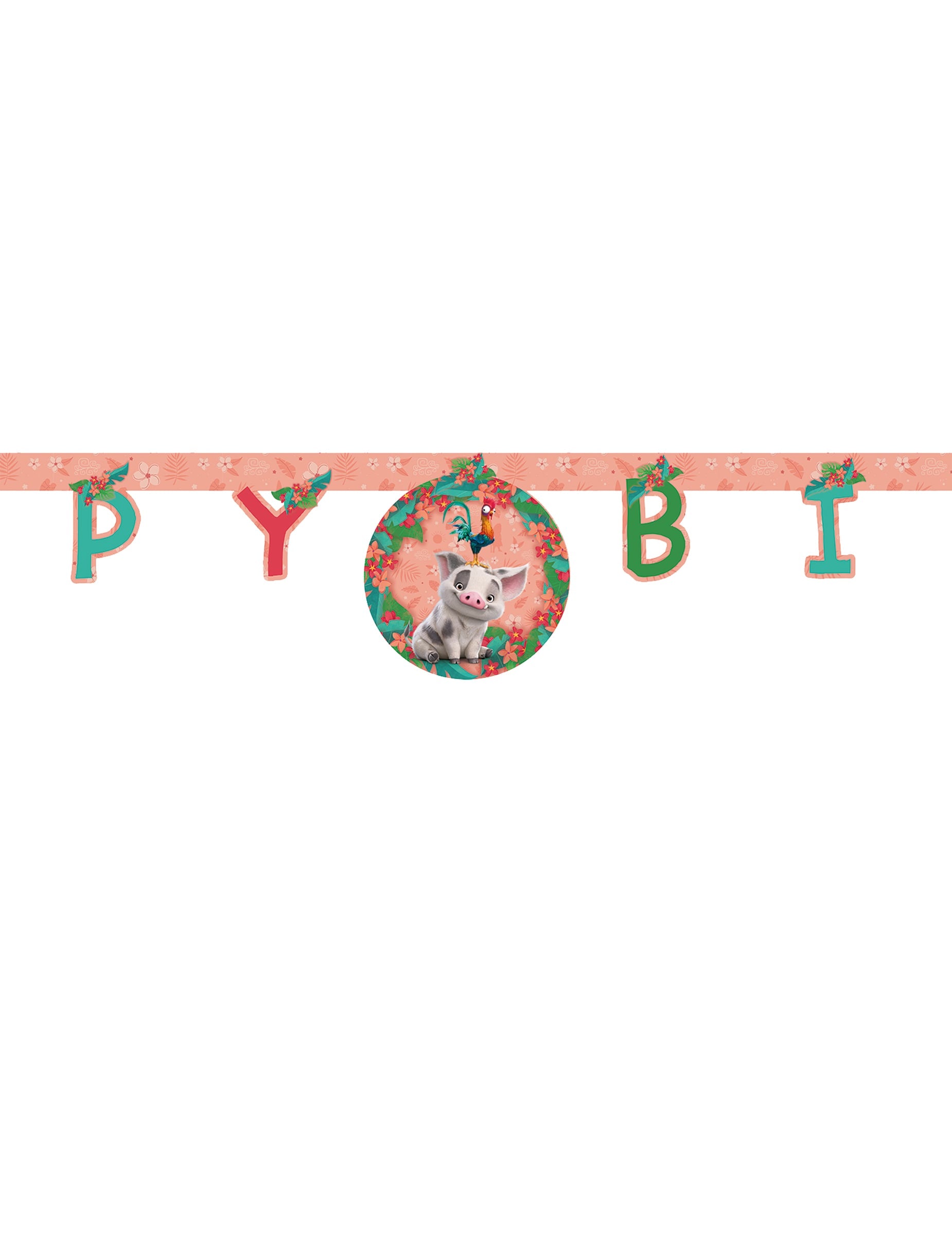 Détail des personnages Pua et Hei Hei de la guirlande Happy Birthday Vaiana 2