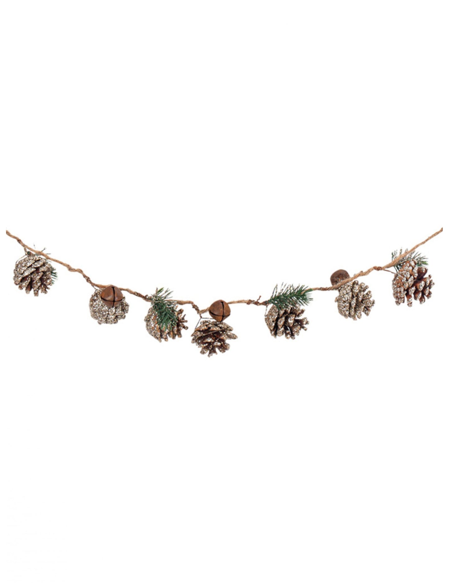 Guirlande pommes de pin et sapin pour décoration pailletée avec grelots sur corde
