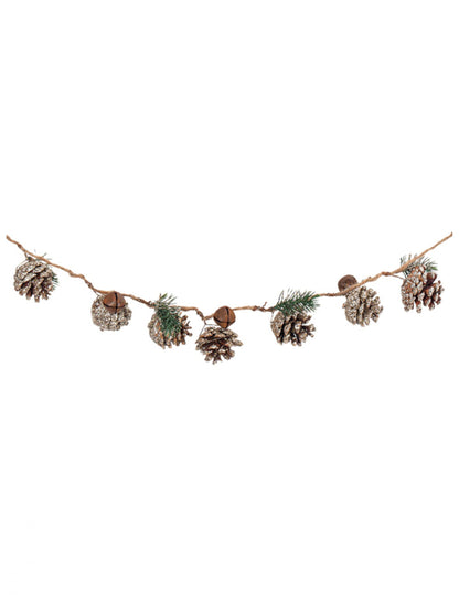 Guirlande pommes de pin et sapin pour décoration pailletée avec grelots sur corde