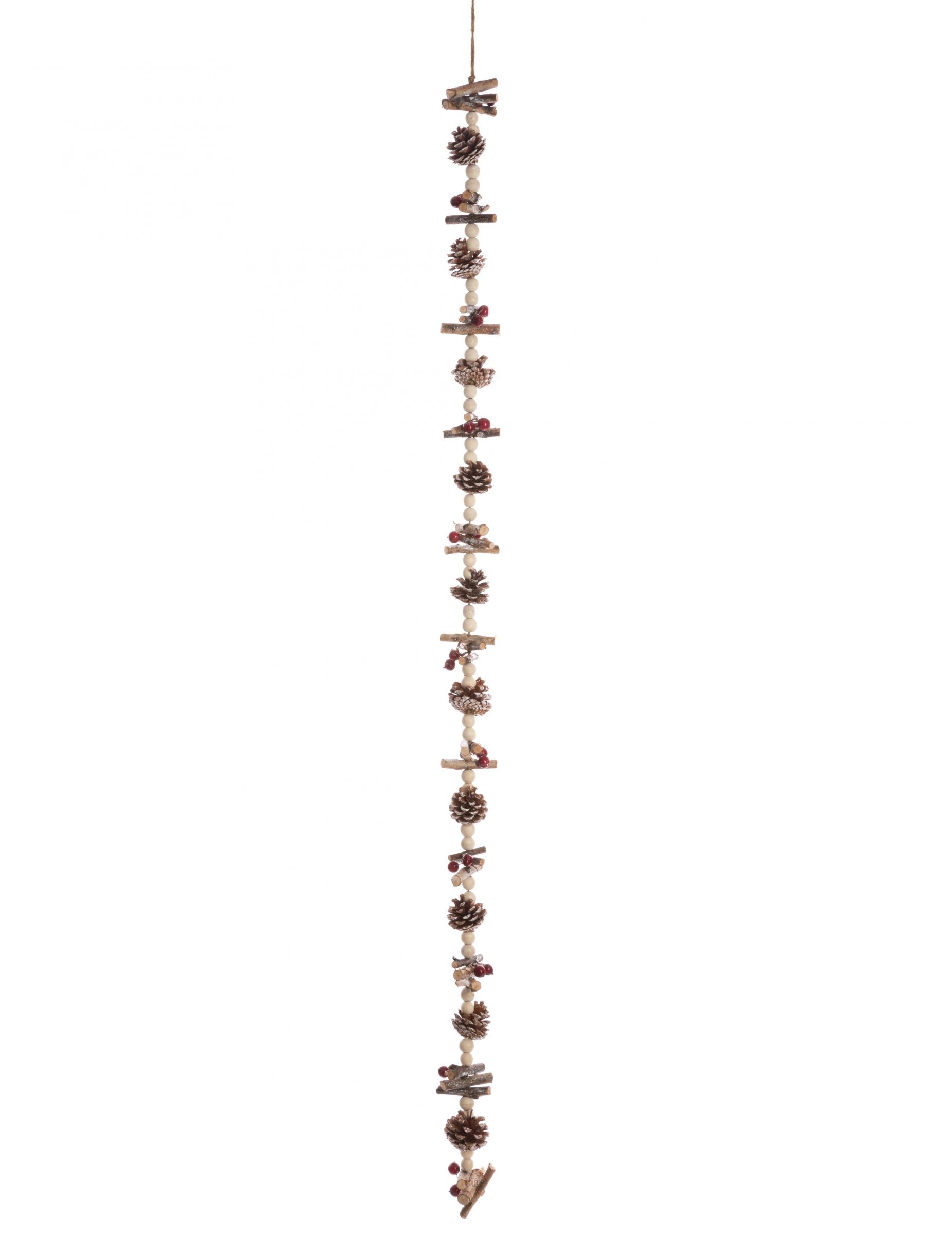 Guirlande de perles bois et pommes de pin décoration nature marron et beige avec baies rouges