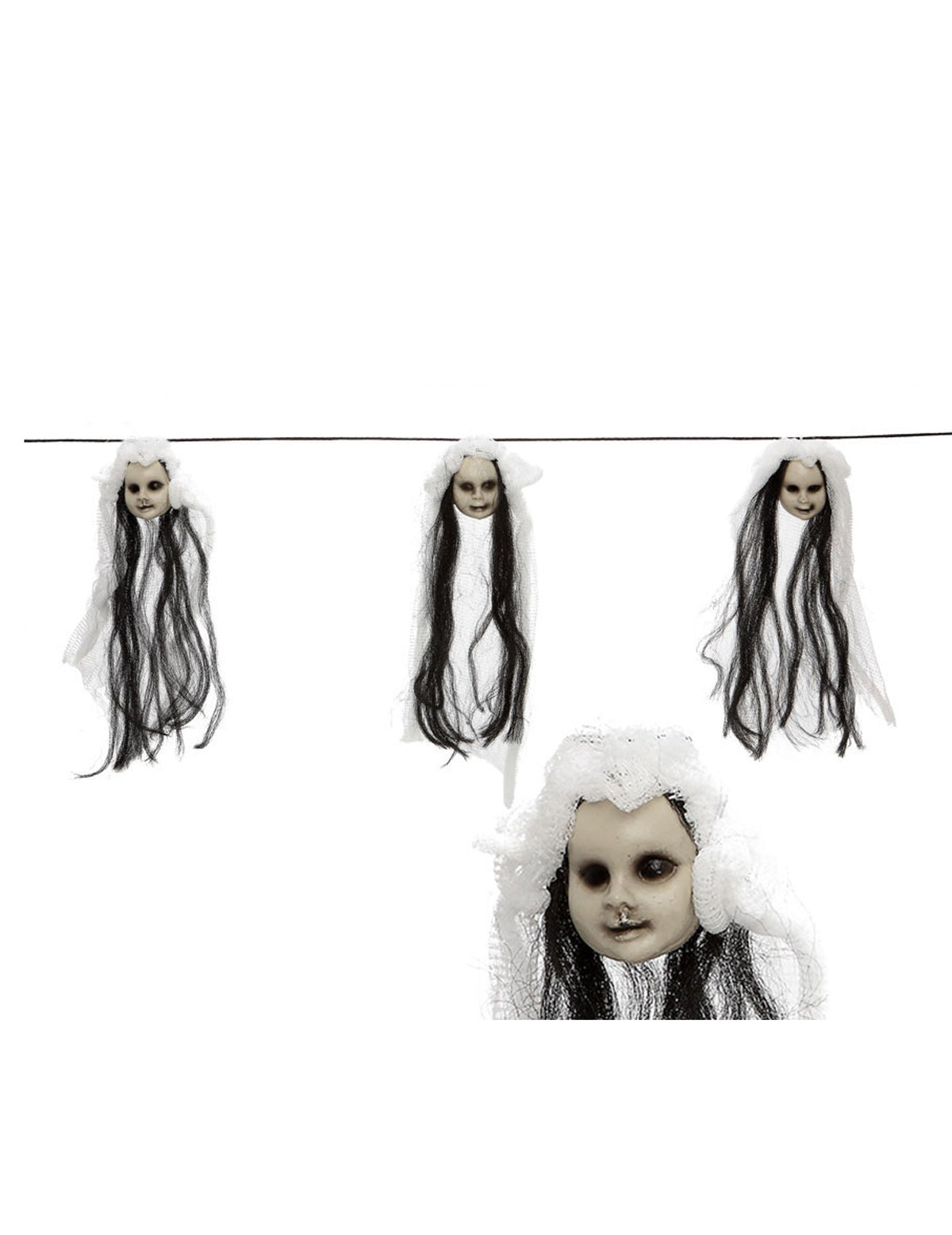 Guirlande têtes de poupées blanche et noire avec cheveux longs