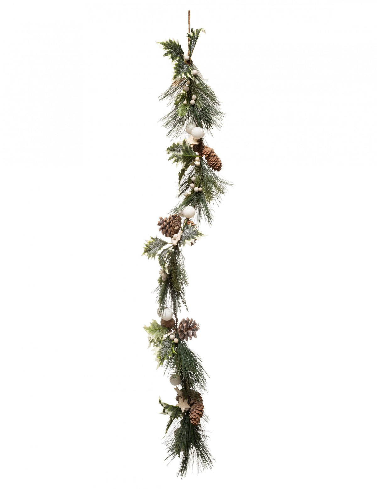 Guirlande de Noël pour décoration feuillage vert et pommes de pin avec boules blanches