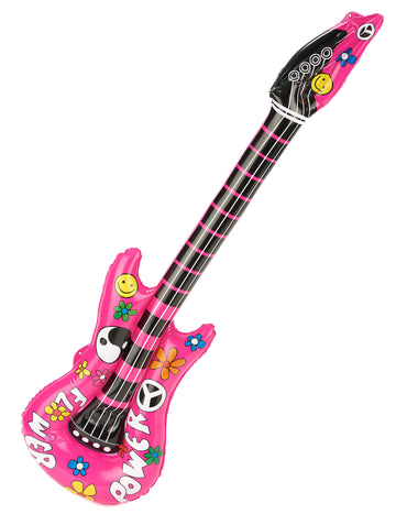 Guitare gonflable rose pour adulte avec motifs fleurs et symboles de paix