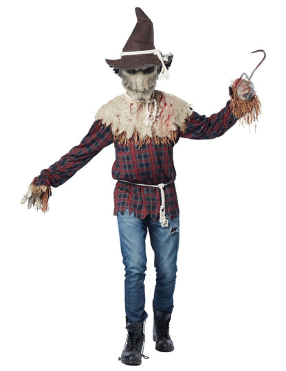 Déguisement épouvantail avec masque luxe pour homme marron et rouge avec chemise à carreaux