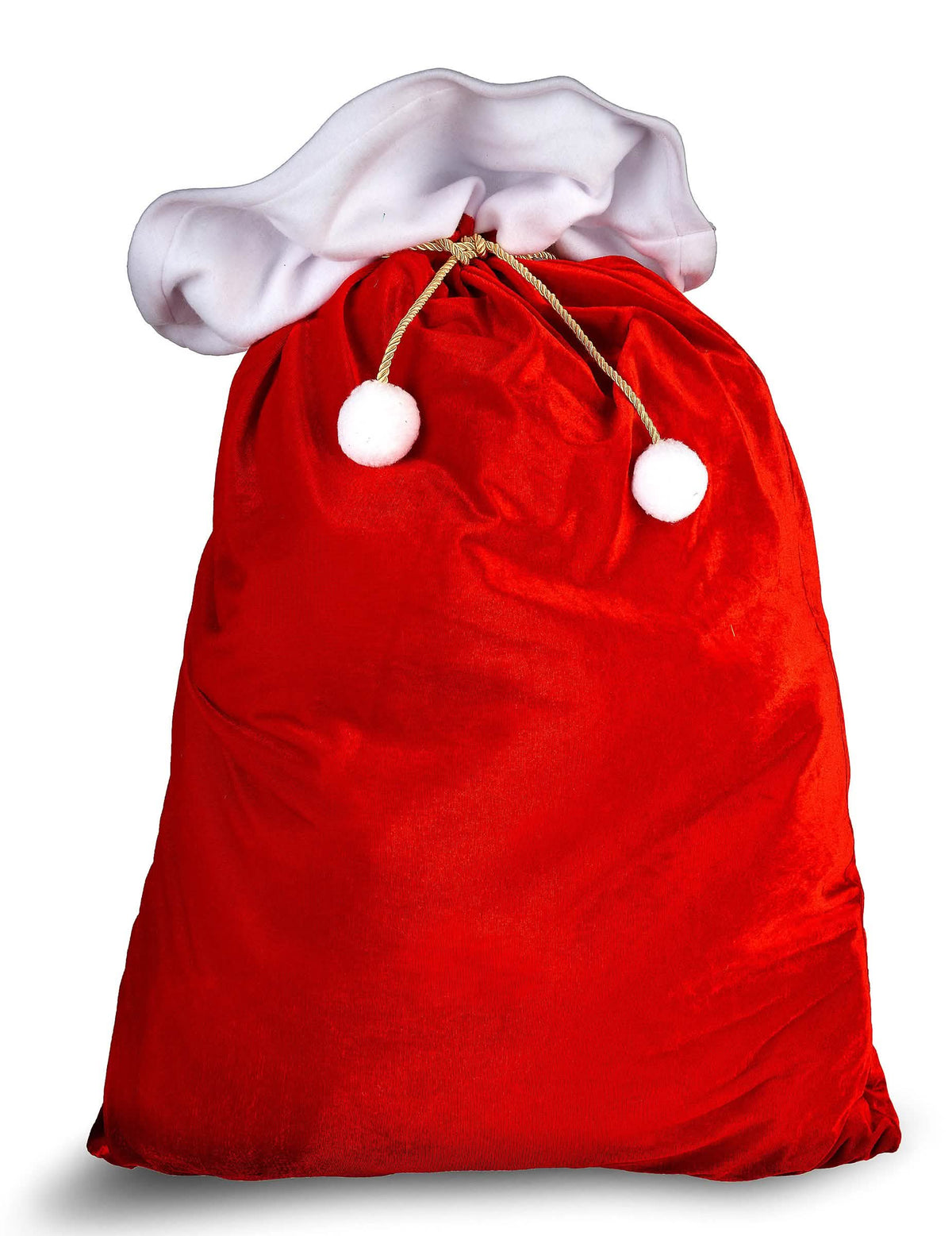 Vánoční kapuce santa claus červená v sametu s bílým lemováním a pompony