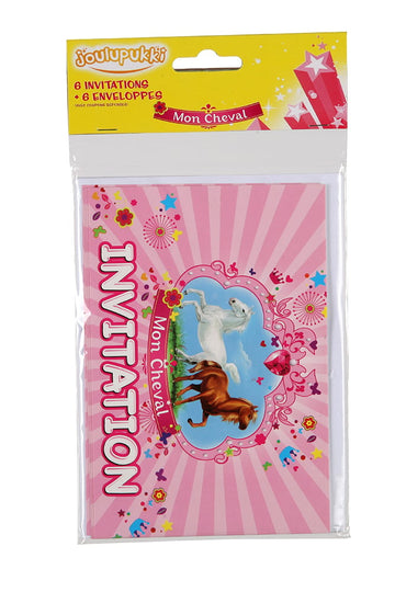 Cartons d'invitations avec enveloppes Mon Cheval pour enfant rose avec chevaux