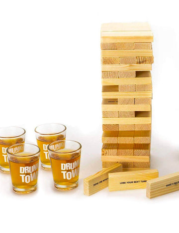 Jeu d'apéro Drunken tower pour adulte en bois avec 4 verres à shot