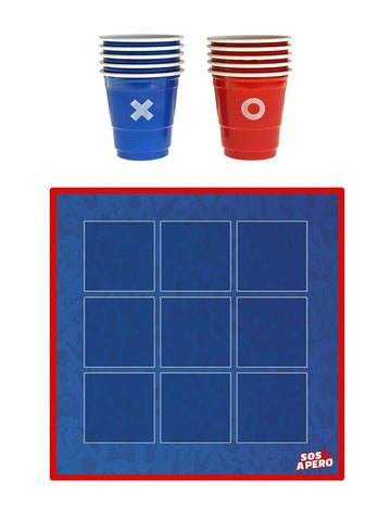Jeu apéro morpion pour adultes bleu et rouge avec gobelets et tapis de jeu