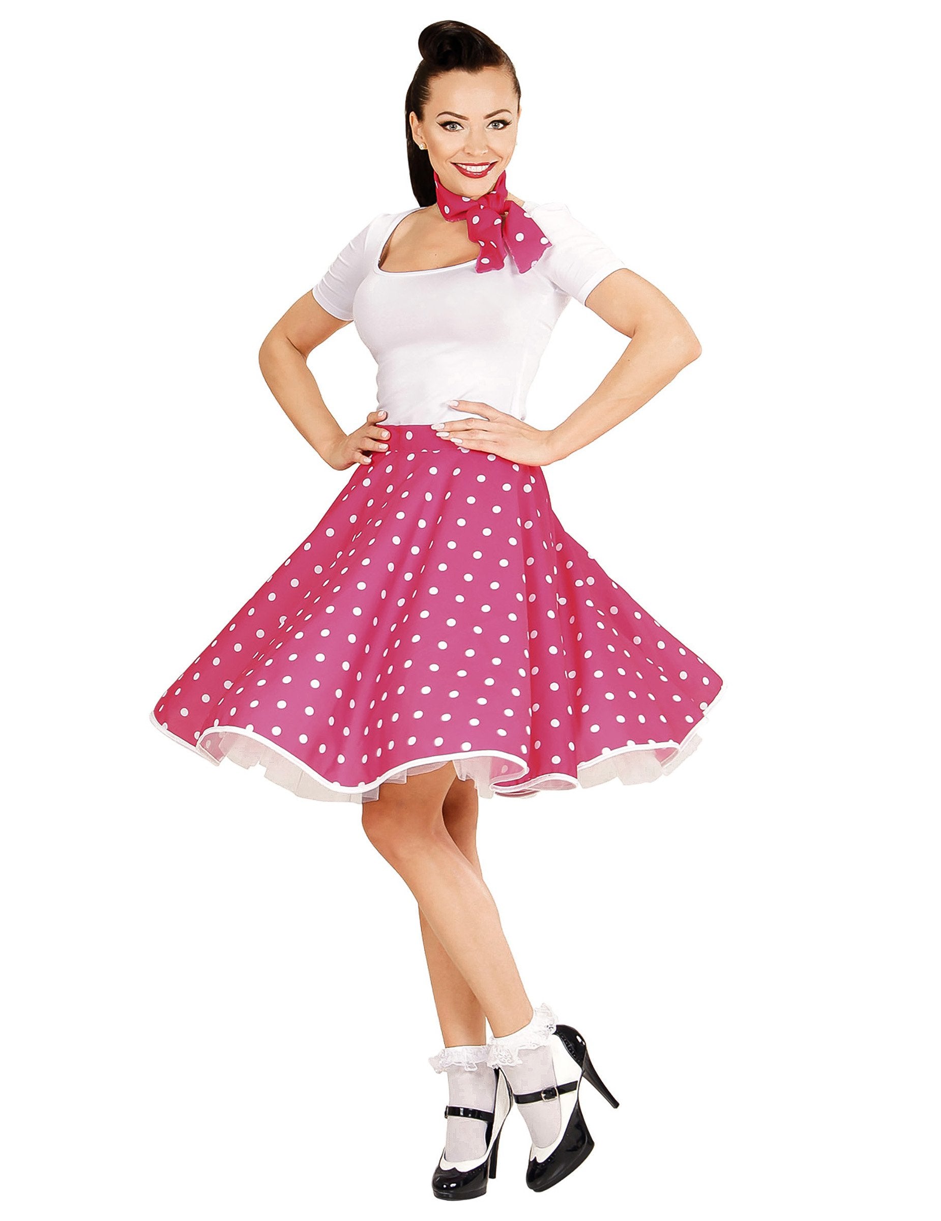 Jupe et foulard années 50 pour femme roses à pois blancs