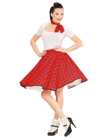 Dámská červená puntíkovaná sukně a šátek ve stylu 50. let
