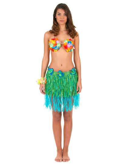Jupe hawaïenne courte pour adulte verte et bleue avec fleurs