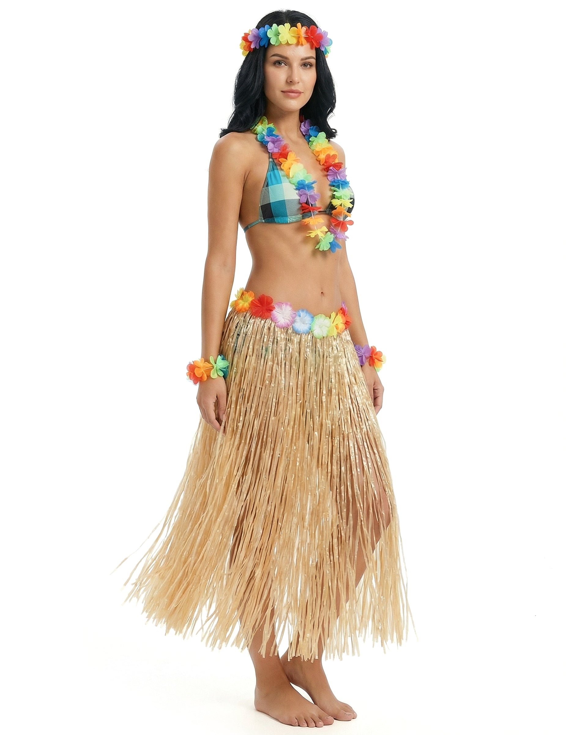 Boční pohled na dlouhou přírodní havajskou sukni