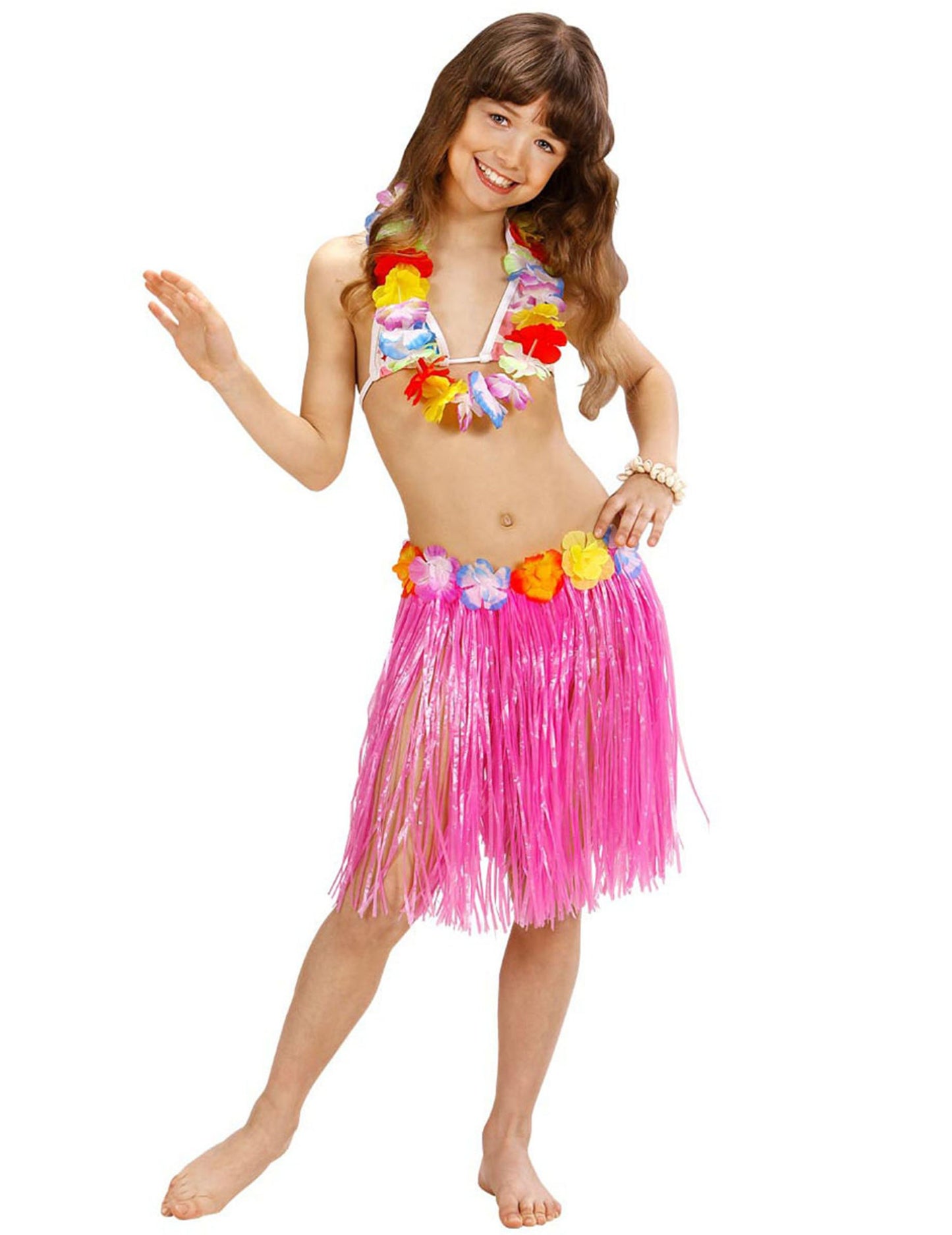 Jupe Hawaienne rose avec ceintures à fleurs enfant