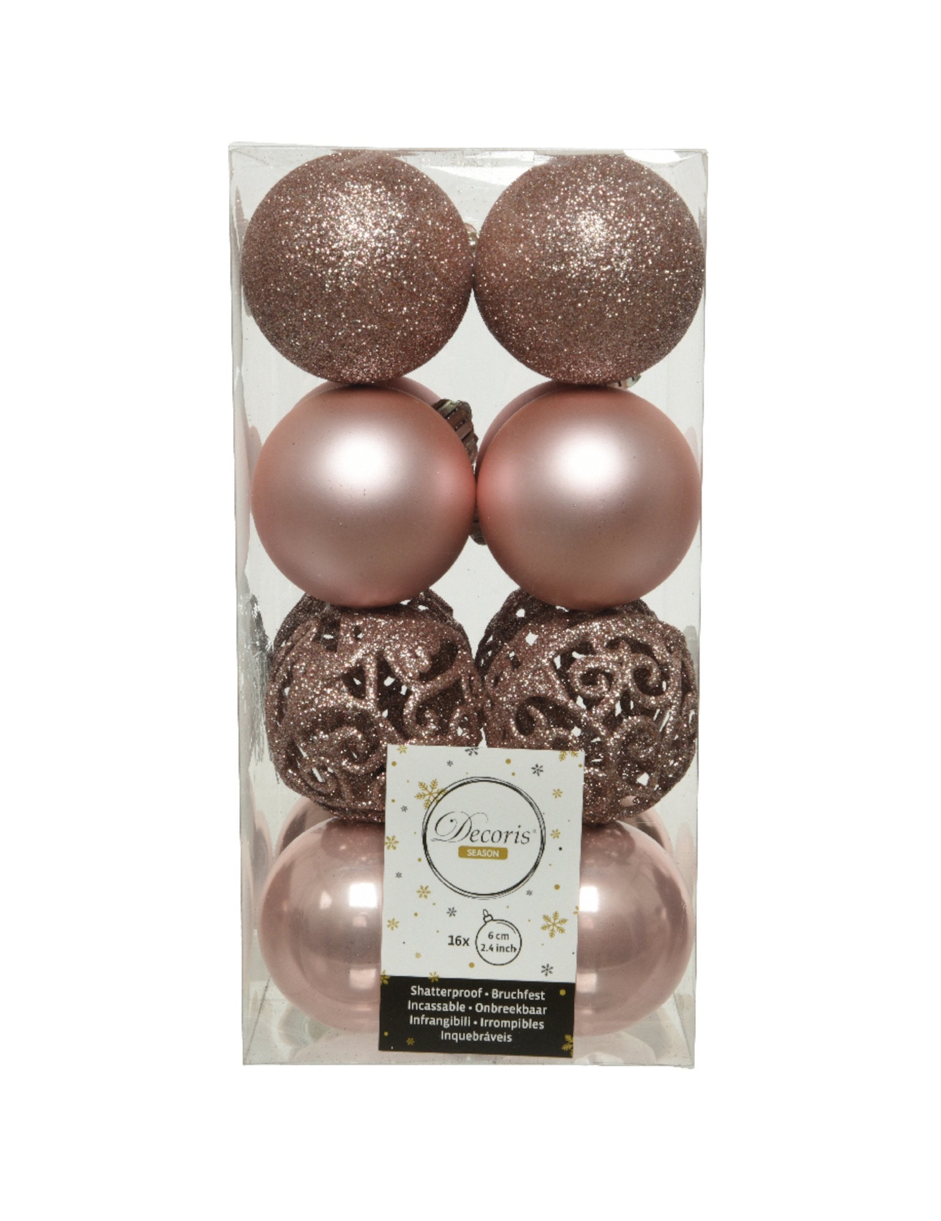 Vue de face de l'emballage du lot de boules de noël rose gold brillantes mates et pailletées