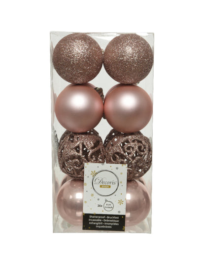 Vue de face de l'emballage du lot de boules de noël rose gold brillantes mates et pailletées