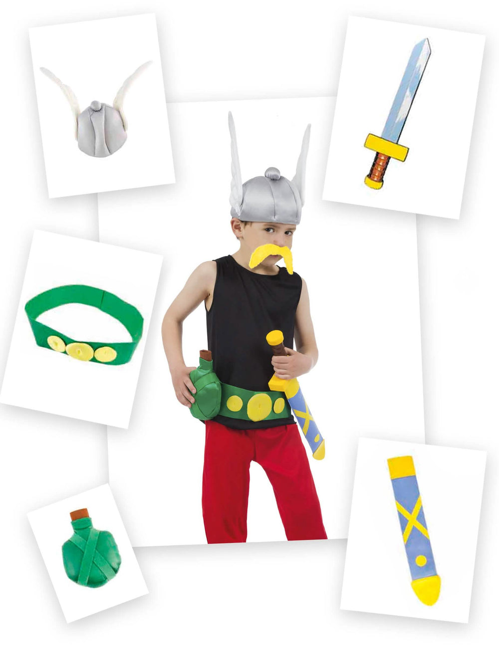5dílná sada Asterix pro dítě s okřídlenou helmou, knírkem, mečem a lahví na vodu