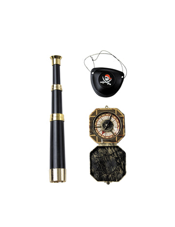 Kit d'accessoires de capitaine pirate pour adulte noir et doré avec longue-vue, cache-œil et boussole