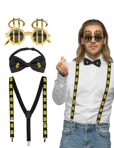 Kit accessoires dollars pour adulte noir et doré avec lunettes bretelles et noeud papillon