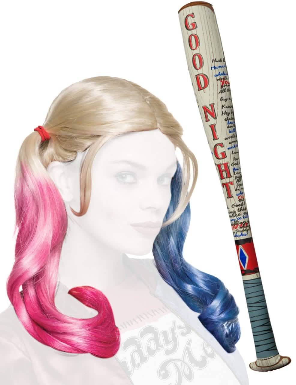sada doplňků Harley Quinn pro ženu blondýnku s růžovými a modrými culíky s baseballovou pálkou