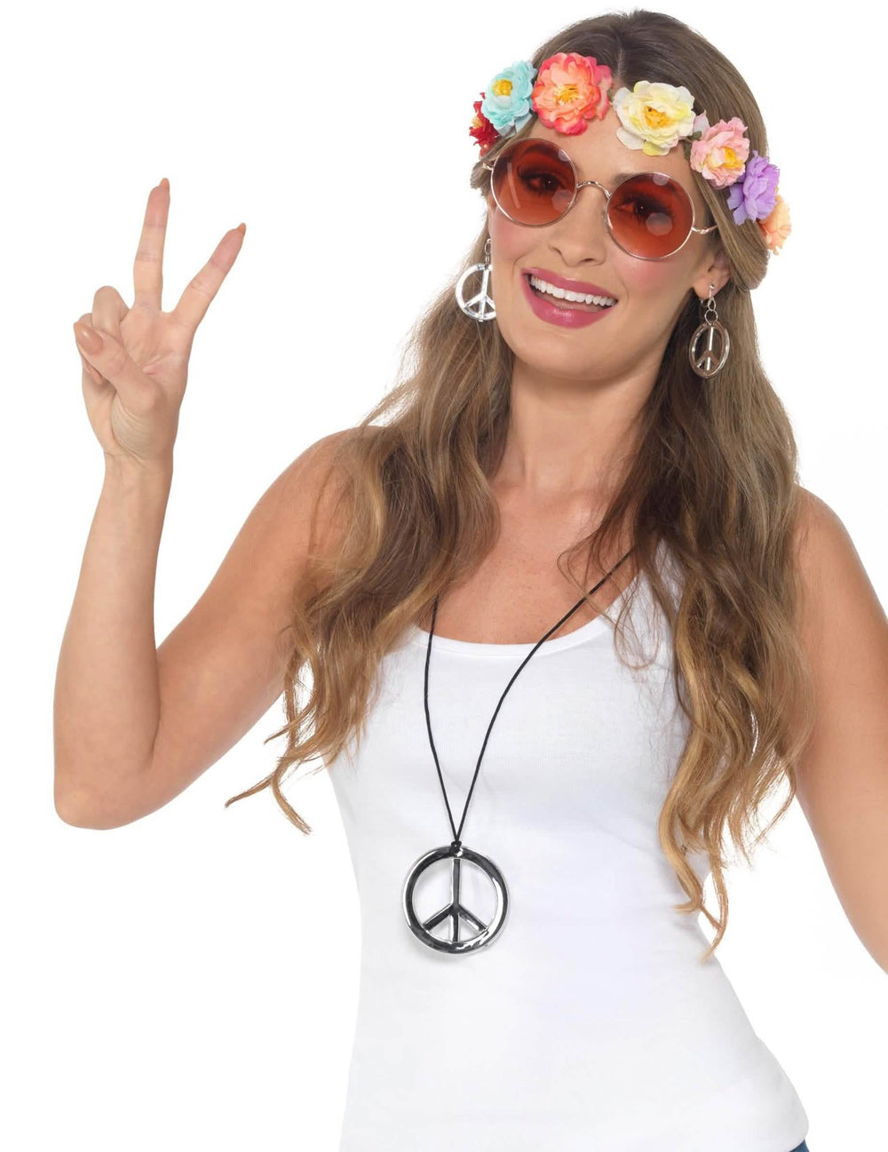 Hippie sada doplňků pro ženu s květinovou korunou a stříbrnými šperky peace and love