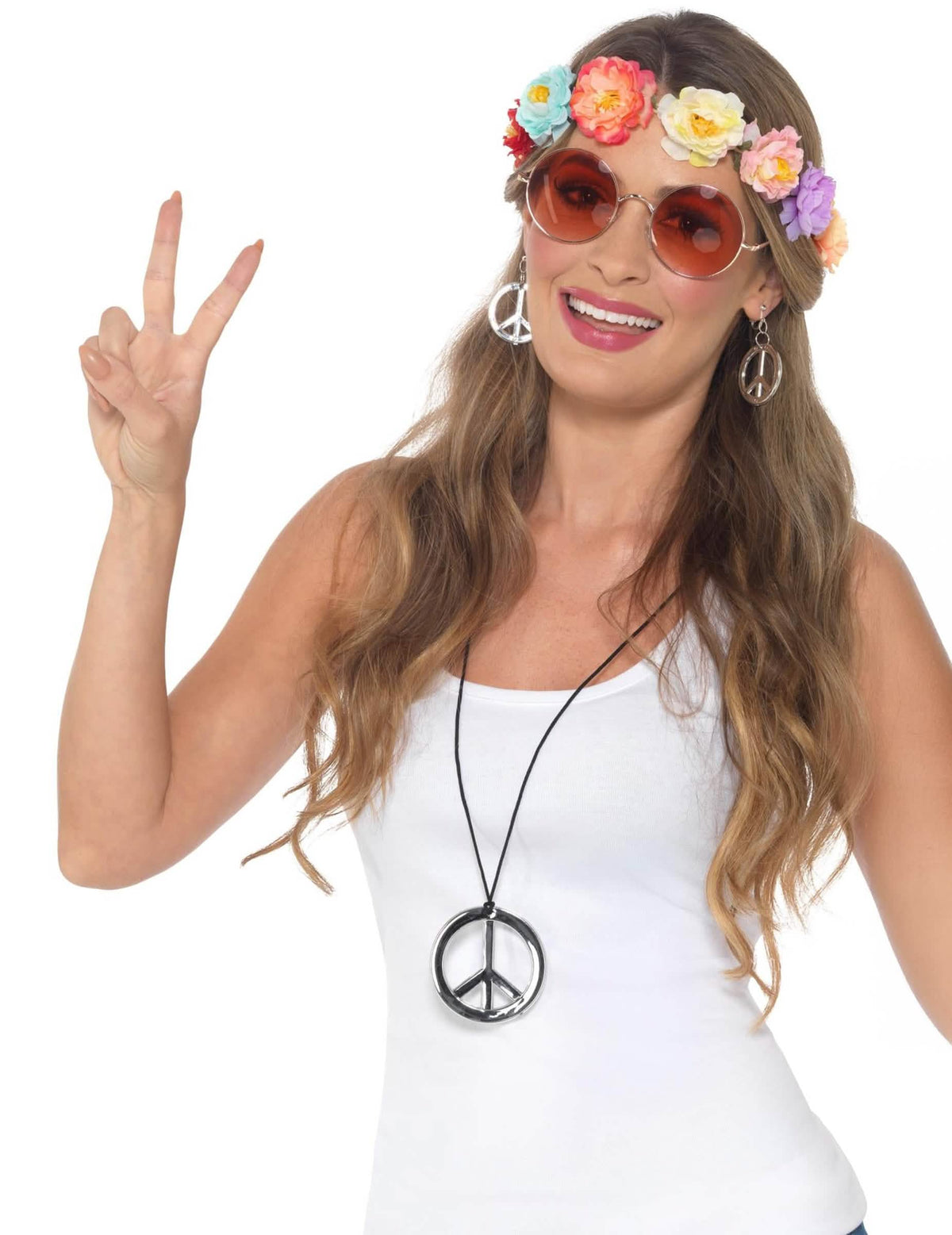 Hippie sada doplňků pro ženu s květinovou korunou a stříbrnými šperky peace and love