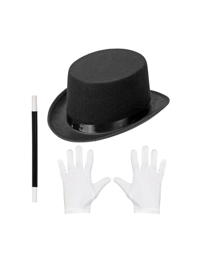 Kit accessoires magicien pour enfant noir et blanc avec chapeau haut-de-forme gants et baguette