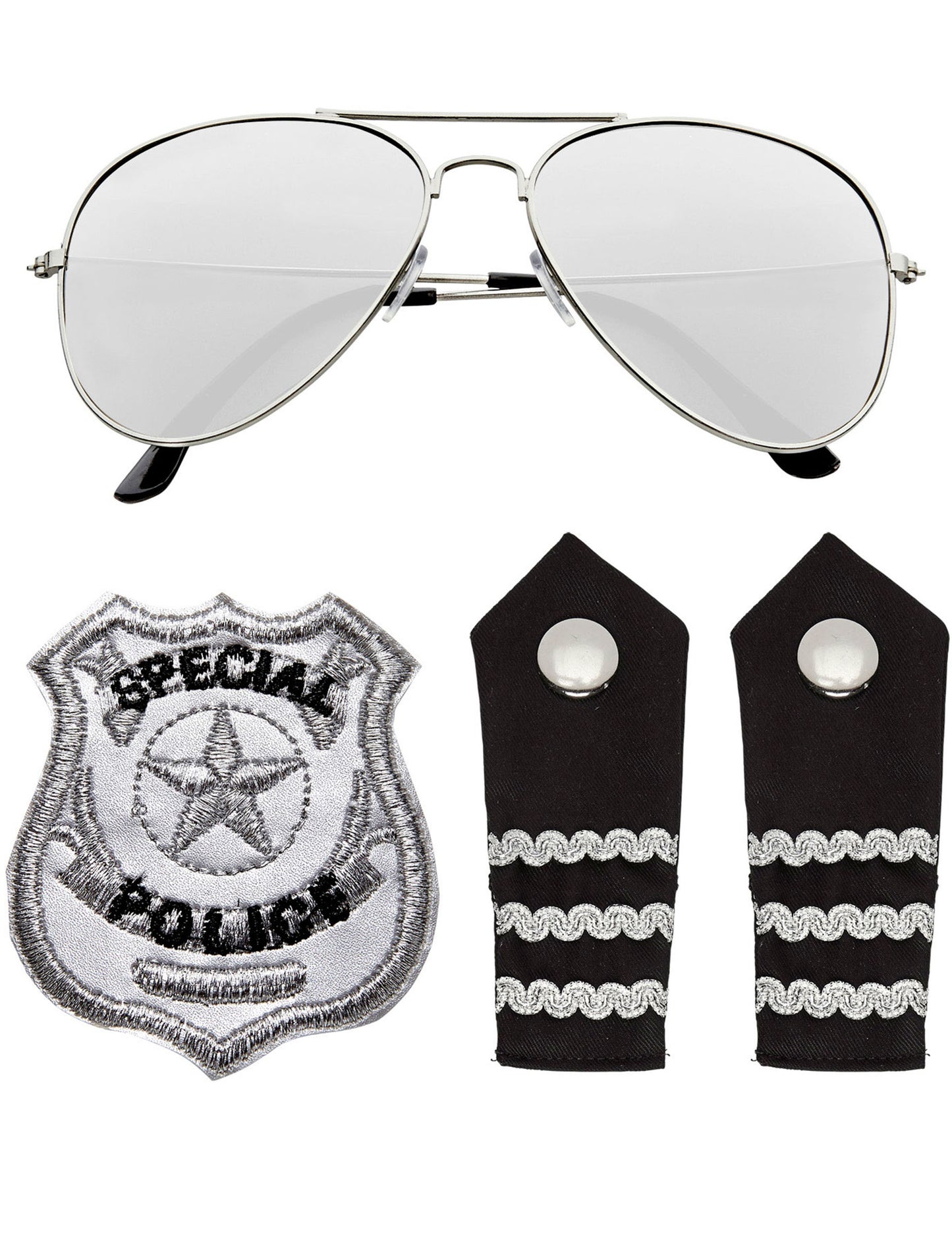 Kit d'accessoires de policier pour adulte argenté et noir avec lunettes aviateur