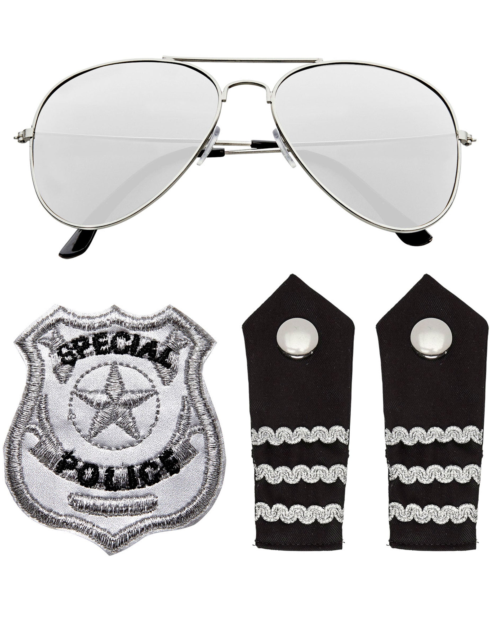 Kit d'accessoires de policier pour adulte argenté et noir avec lunettes aviateur