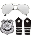 Kit d'accessoires de policier pour adulte argenté et noir avec lunettes aviateur