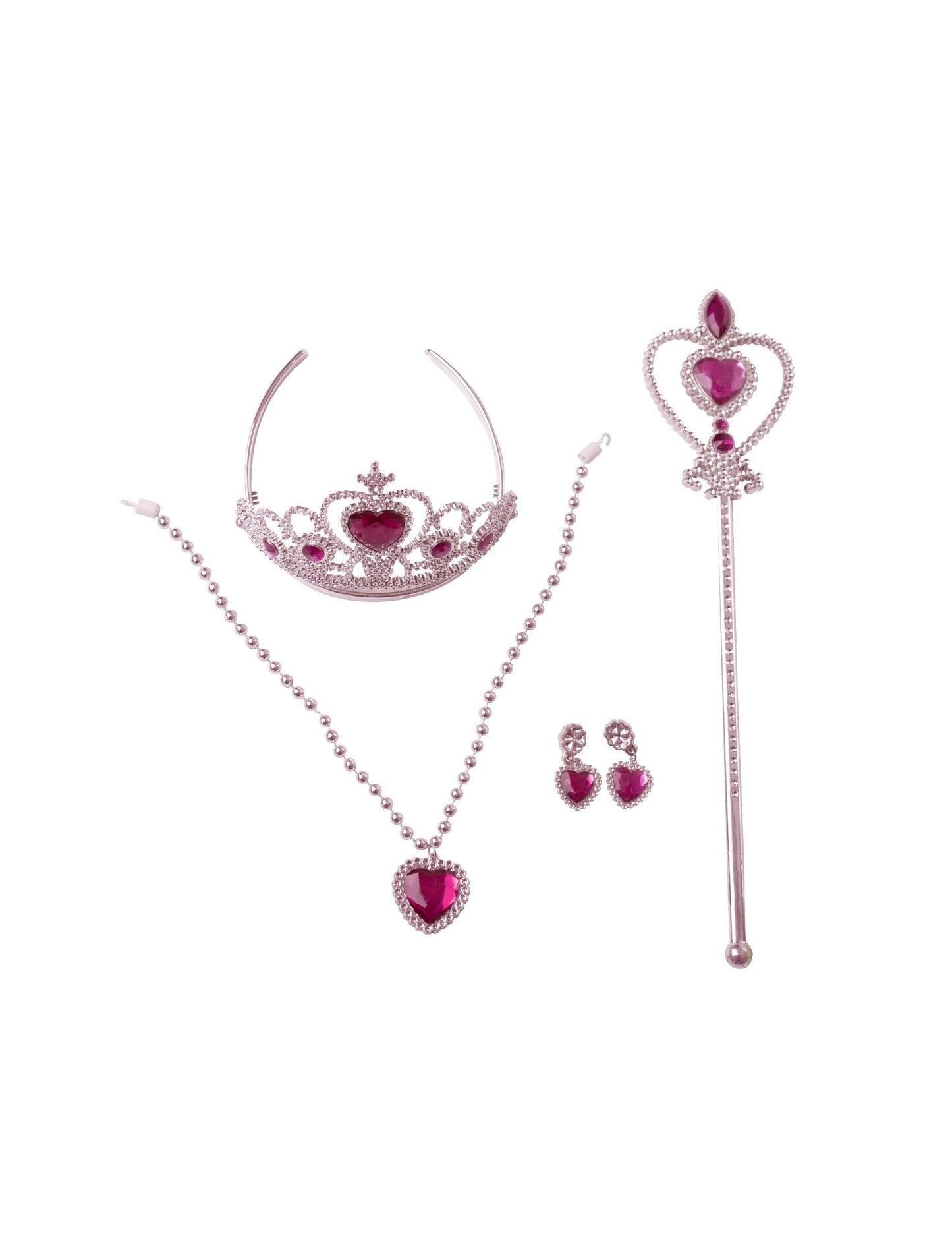 Vue d'ensemble du diadème, de la baguette et des bijoux du kit accessoires princesse des rêves