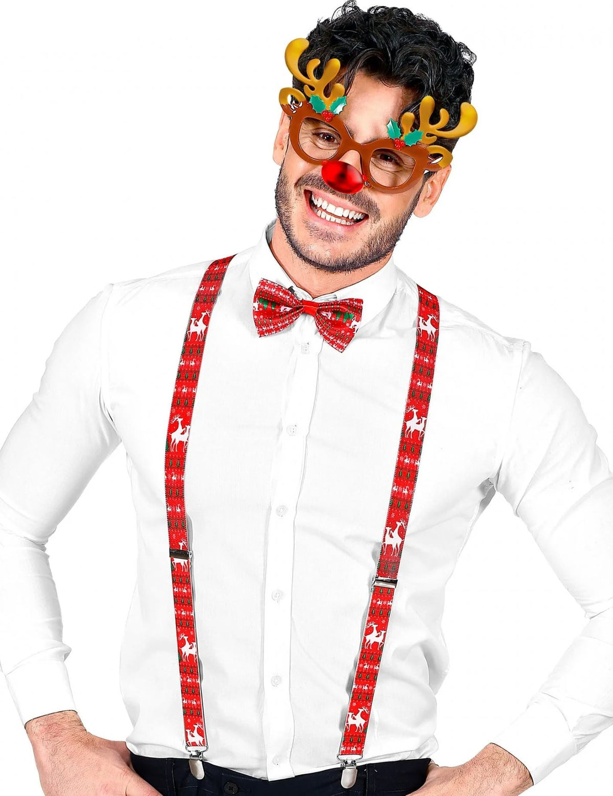 Kit accessoires renne de Noël pour adulte rouge avec lunettes noeud papillon et bretelles