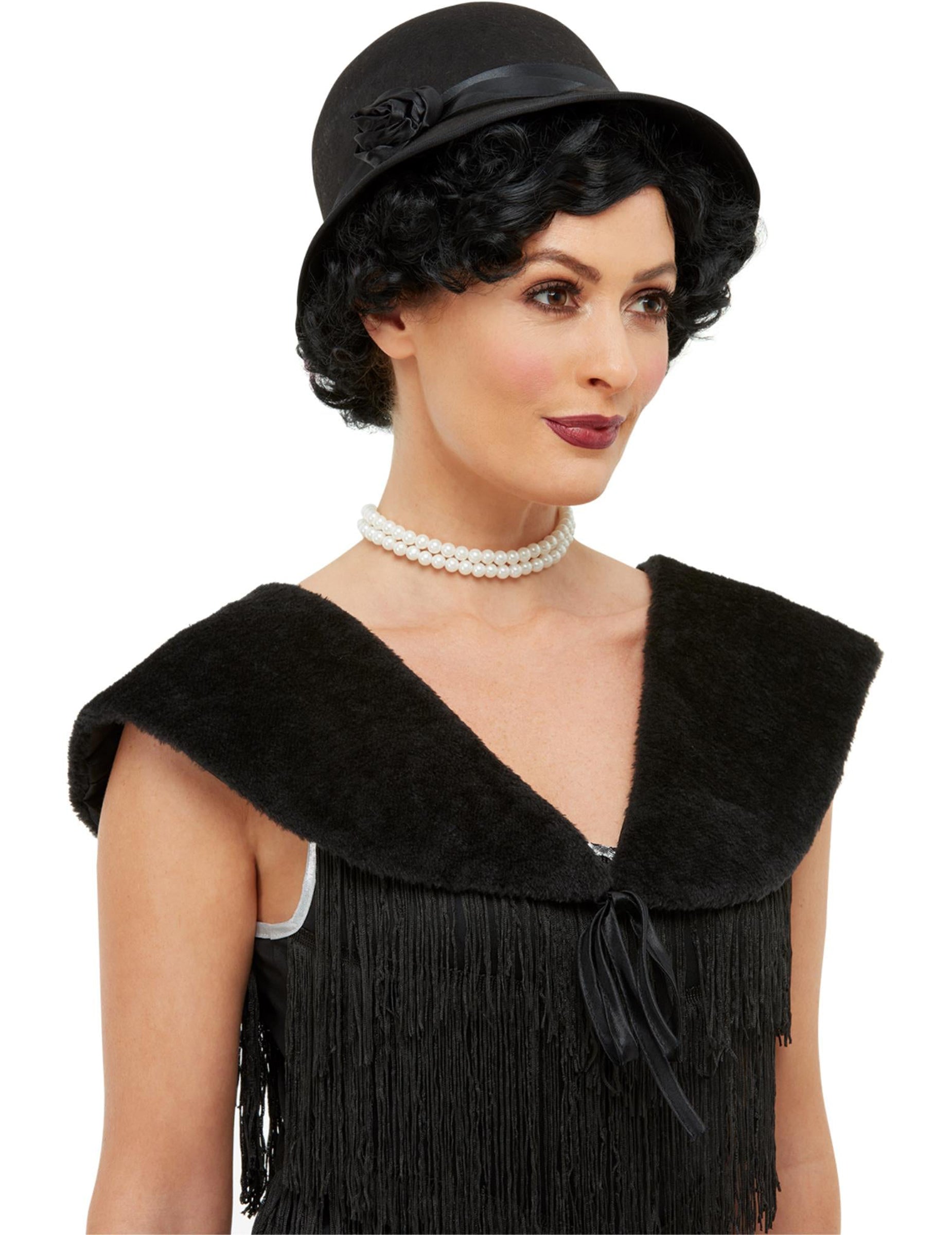 Kit années 20 pour femme noir avec chapeau cloche et collier de perles