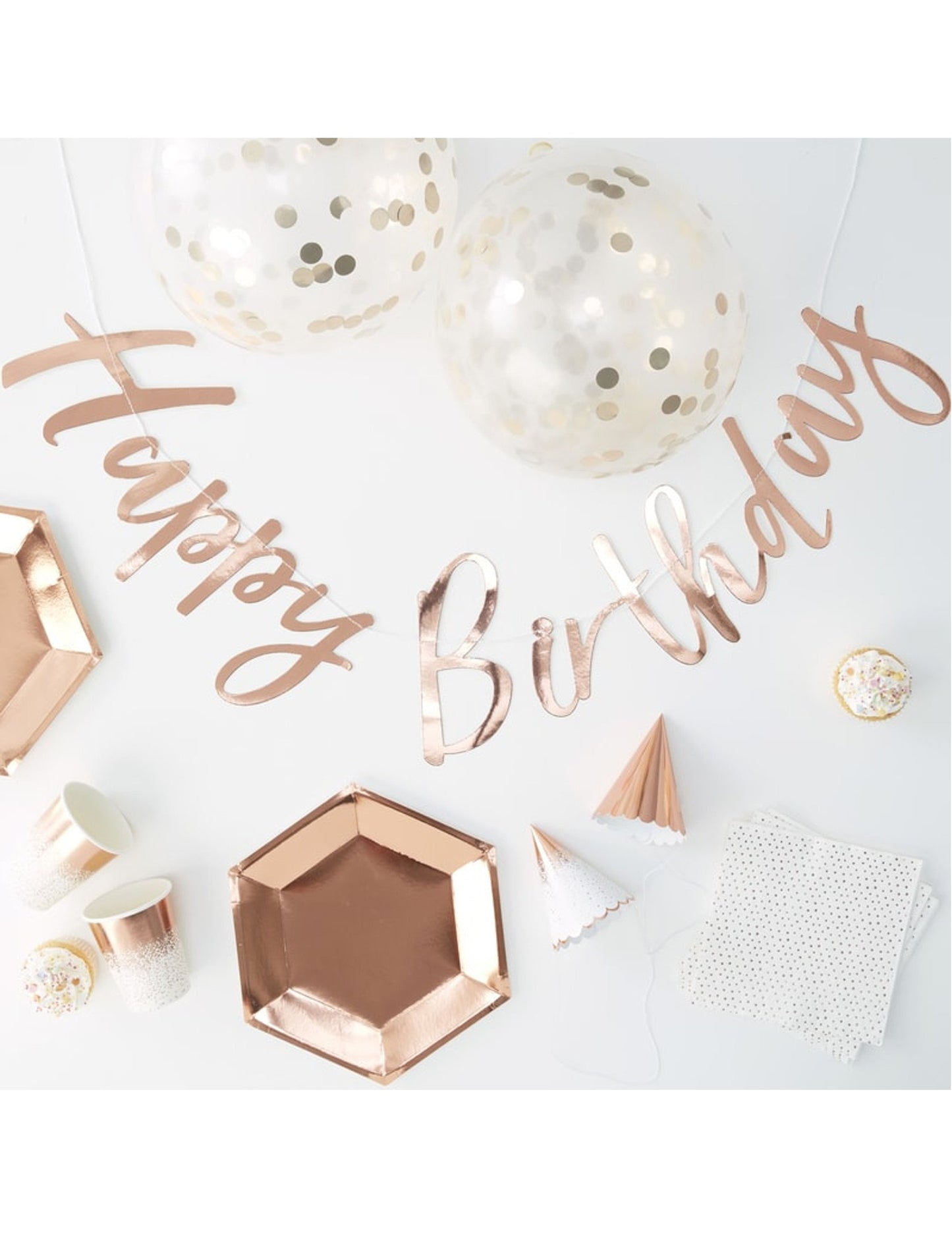 Kompletní sada růžové zlaté narozeninové dekorace a nádobí 70 kusů s balónky a girlandou