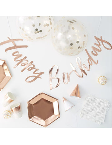 Kompletní sada růžové zlaté narozeninové dekorace a nádobí 70 kusů s balónky a girlandou