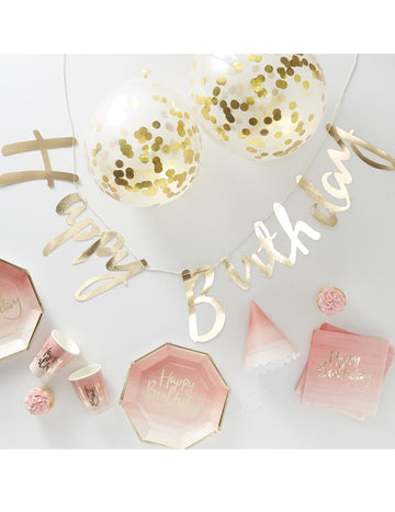 Kompletní sada růžové a zlaté narozeninové dekorace a nádobí 70 kusů s girlandou