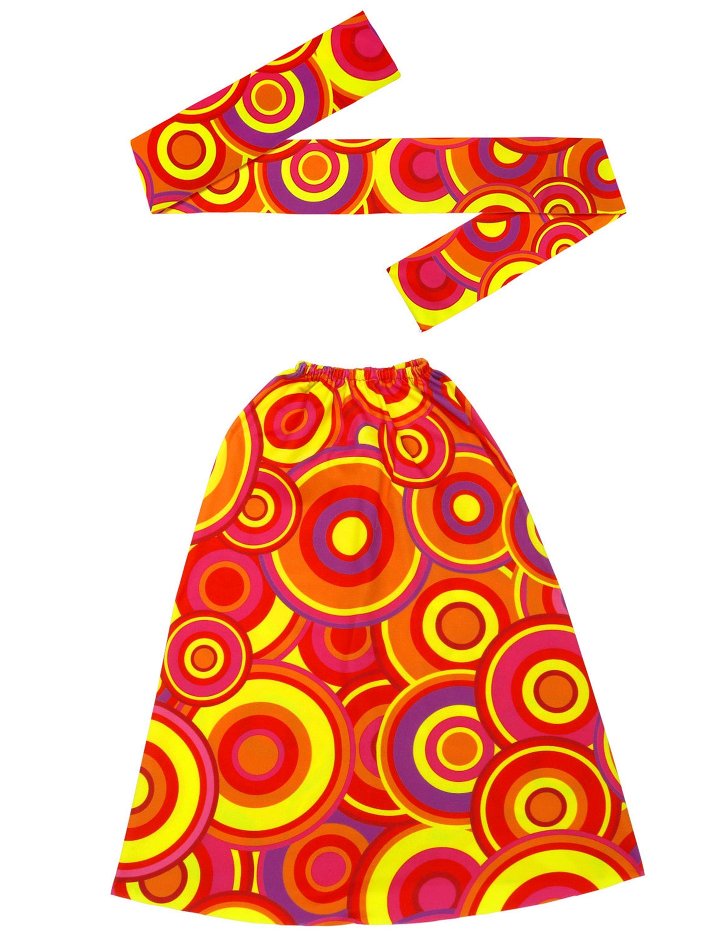 Pohled shora na čelenku a jeden návlek na nohu ze sady čelenky a návleků na nohy ve stylu 70. let