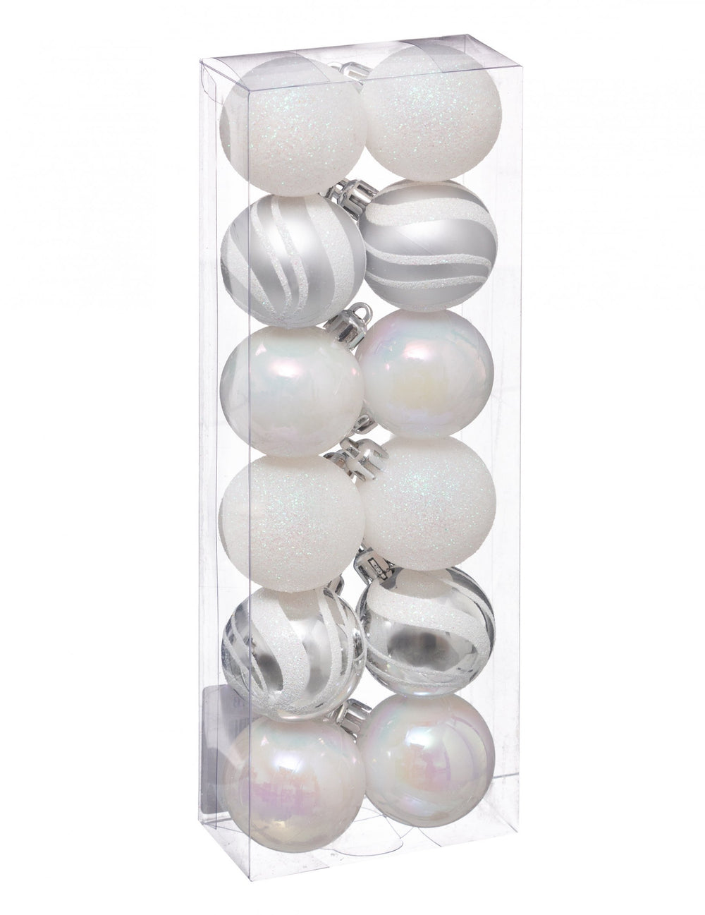 Mini boules de noël pour décoration blanches et argentées pailletées