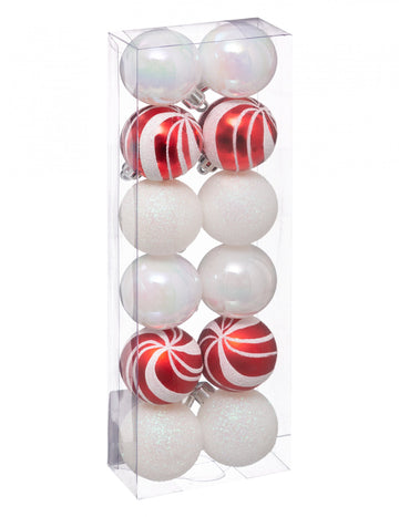 12 mini bílých a červených vánočních koulí 4 cm